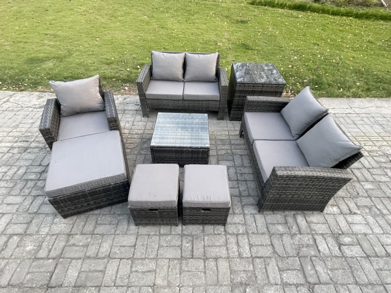 Fimous 8 Seater Outdoor Rattan Garden Furniture Set Conservatory Patio Sofa Coffee Table Set with Chair Side Table 3 Footstools Dark Grey Mixed