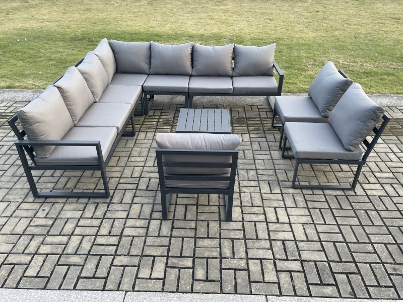 Fimous 10 Seater Patio Outdoor Garden Furniture Aluminium Lounge Corner Sofa Set with Square Coffee Table Dark Grey