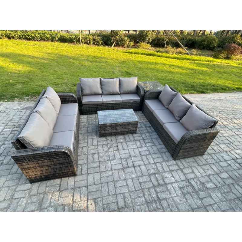 Fimous Rattan Lounge Sofa Set 9 Seater Outdoor Garden Furniture Set with Rectangular Coffee Table 3 Seater Sofa Side Table Dark Grey Mixed
