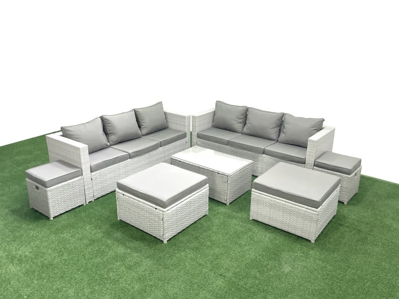 Fimous 7 Pieces Rattan Garden Furniture Set Outdoor Garden Sofa Coffee Table Set with 4 Footstools Light Grey Mixed
