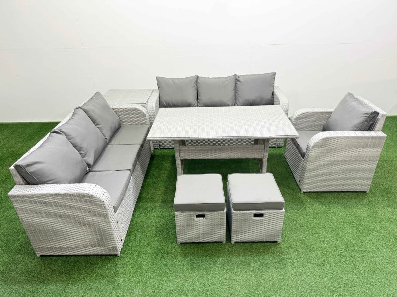 Fimous 9 Seater Poly Rattan Outdoor Garden Furniture Rectangular Dining Table Sofa Set Patio 3 Seater Sofa Reclining Chair 3 Seater Sofa Stools Side Table Light Grey