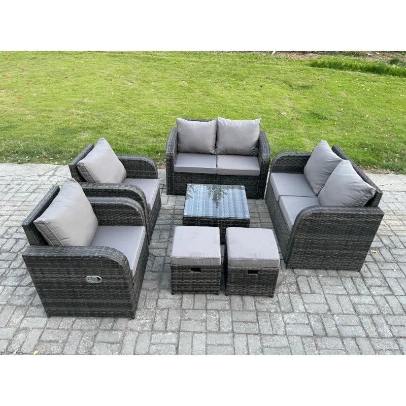 Fimous Garden Furniture Set Rattan Outdoor Lounge Sofa Chair With Tempered Glass Table 2 Small Footstools Dark Grey Mixed
