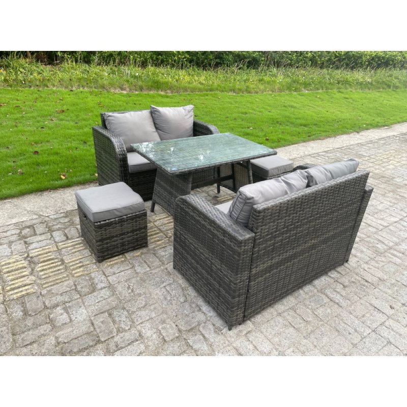 Fimous Rattan Garden Furniture Set 2 Seater Curved Arm Double Love Sofa Sofa Oblong Dining Table