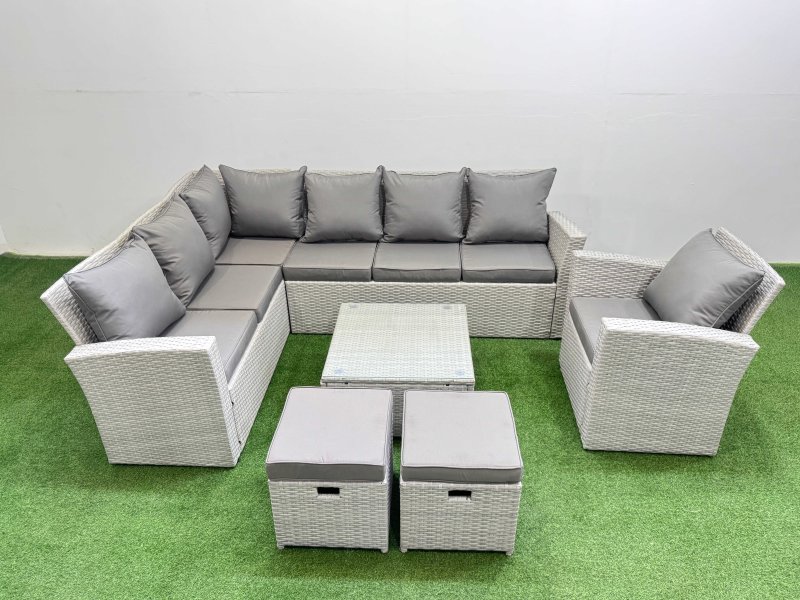 Fimous Outdoor Rattan Garden Furniture Set 9 Seater Corner Sofa Sets with Square Coffee Table Chair 2 Small Footstools Light Grey Mixed