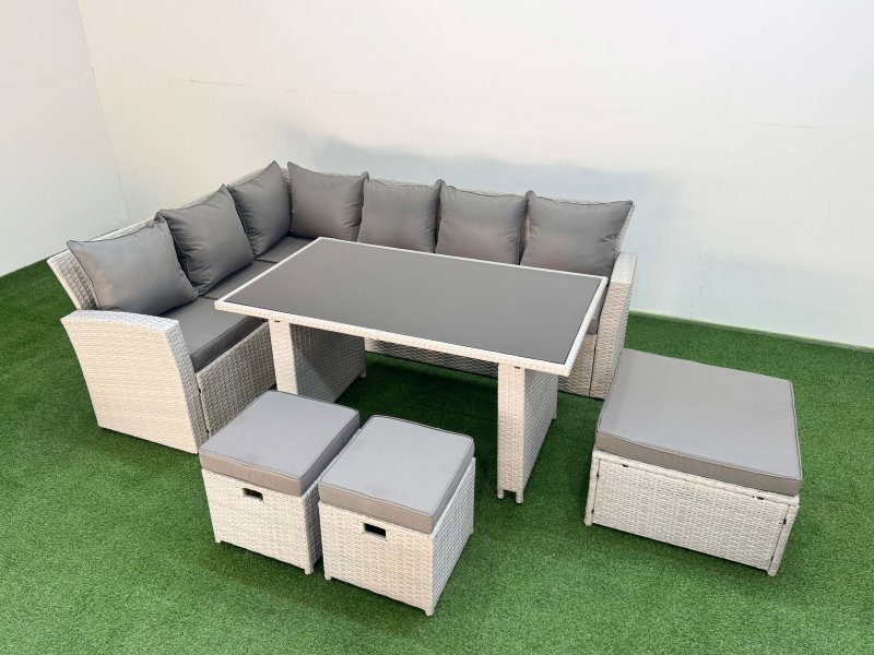 Fimous 9 Seater Wicker Rattan Corner Sofa Sets Outdoor Garden Furniture Sets with Rectangular Dining Table Lounge Sofa 3 Footstools Light Grey