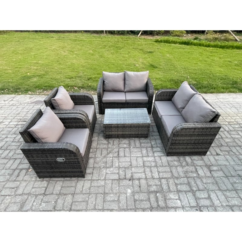 Fimous Rattan Garden Furniture Set Patio Outdoor Lounge Sofa Set with 2 Reclining Chairs Rectangular Coffee Table Dark Grey Mixed