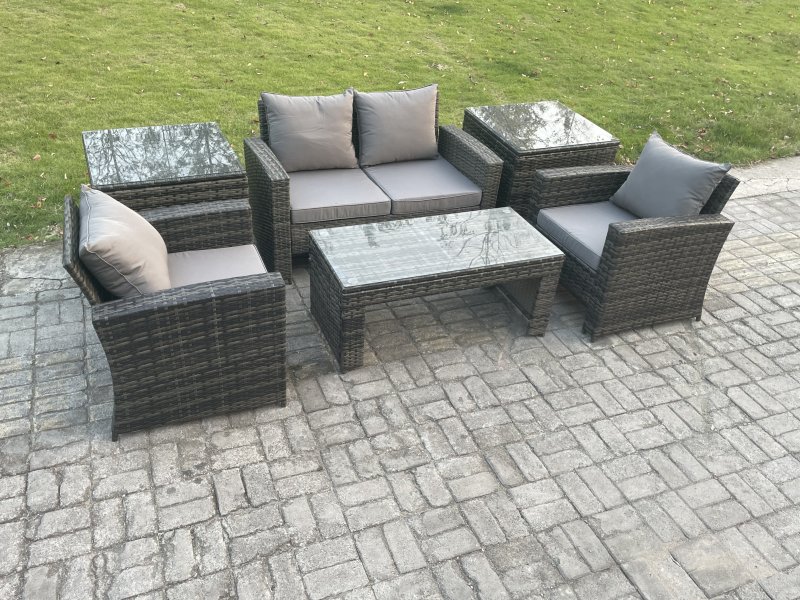 Fimous 4 Seater Outdoor Rattan Garden Furniture Set Patio Lounge Sofa Set with Coffee Table 2 Side Tables Dark Grey Mixed