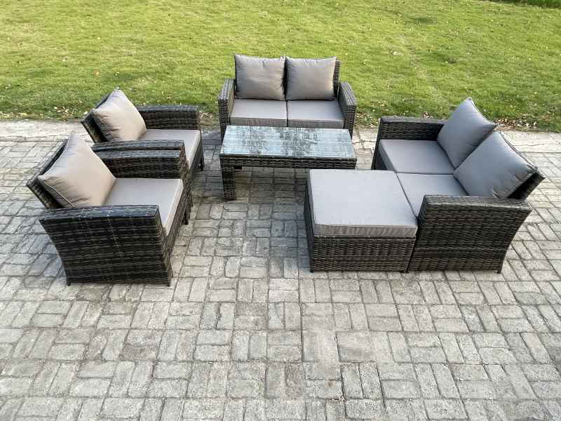 Fimous 7 Seater Dark Grey Mixed High Back Rattan Sofa Set Coffee Table Garden Furniture Outdoor Patio With Love Sofa Arm Chairs Big footstool
