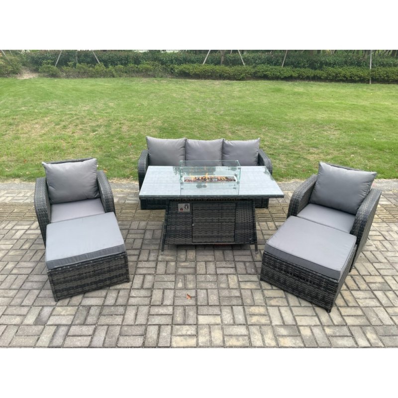 Fimous Rattan Outdoor Garden Furniture Sofa Set Gas Fire Pit Dining Table Gas Heater with 2 Big Footstool Dark Grey Mixed