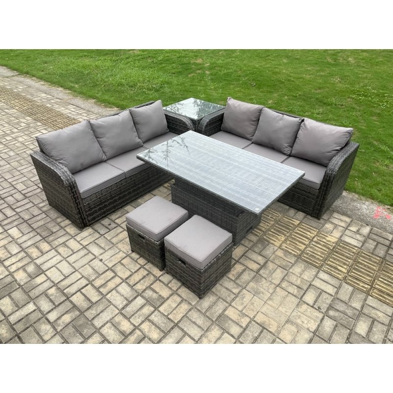 Fimous Outdoor Rattan Garden Furniture Sets Height Adjustable Rising lifting Dining Table Sofa Set with Side Table 2 Small Footstools Dark Grey Mixed