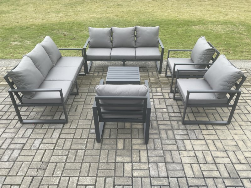 Fimous Aluminium Outdoor Garden Furniture Set Patio Lounge Sofa with Square Coffee Table 3 Armchairs Dark Grey