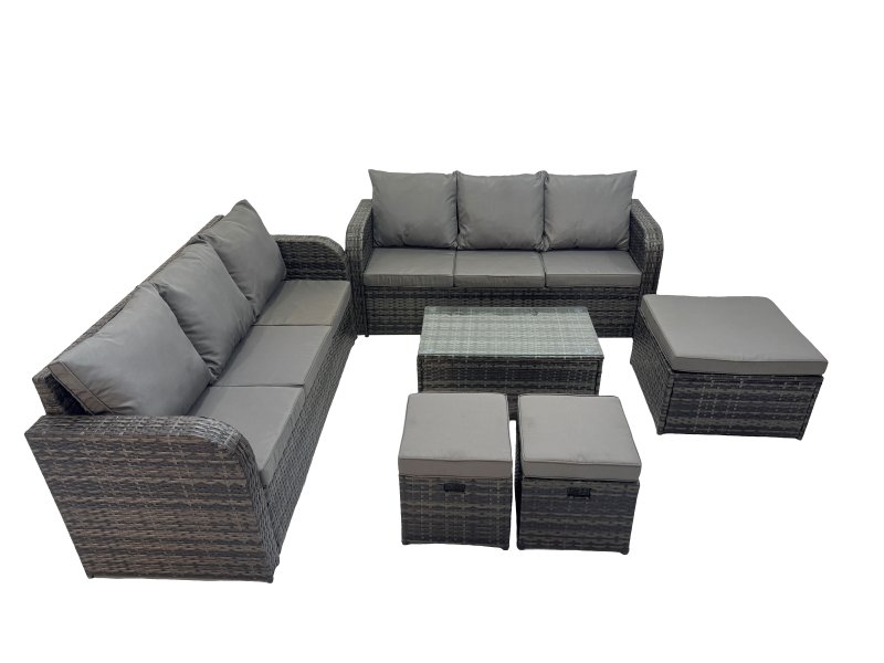 Fimous Outdoor 3 Seater Sofa Coffee Table Set Garden Rattan Furniture Set 9 Seater with 3 Stool Dark Grey