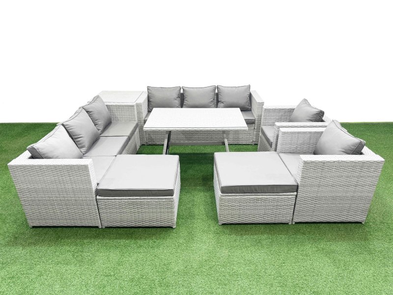 Fimous 10 Seater Garden Furniture Set PE Ratten Garden Sofa Set with Rectangular Dining Table 2 Big Stool Side Table Light Grey