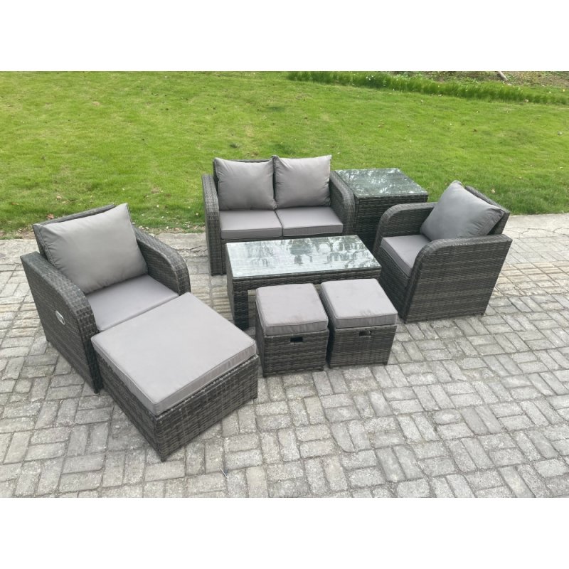 Fimous 7 Seater Rattan Lounge Sofa Set Outdoor Garden Furniture Set with Rectangular Coffee Table Love Sofa Side Table 3 Footstools Dark Grey Mixed