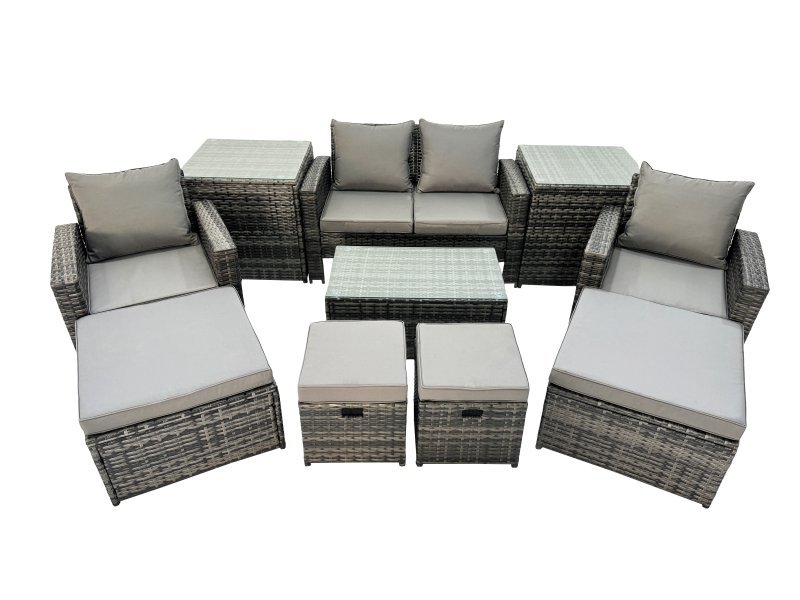 Fimous 8 Seater Wicker PE Rattan Furniture Outdoor Coffee Table Double Seat Sofa 4 Stools 2 Side Tables Set Dark Grey Mixed
