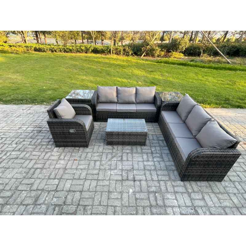 Fimous 7 Seater Rattan Outdoor Garden Furniture Sofa Set Patio Table & Chairs Set with 3 Seater Sofa Reclining Chair 3 Seater Sofa 2 Side Tables Dark Grey Mixed