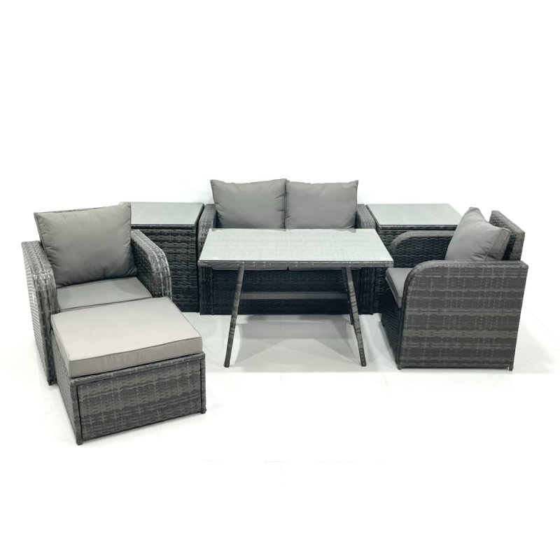 Fimous Outdoor Garden Furniture Set Rattan Sofa Dining Table Set with Reclining Chair 2 Side Tables Big Footstool Dark Grey Mixed