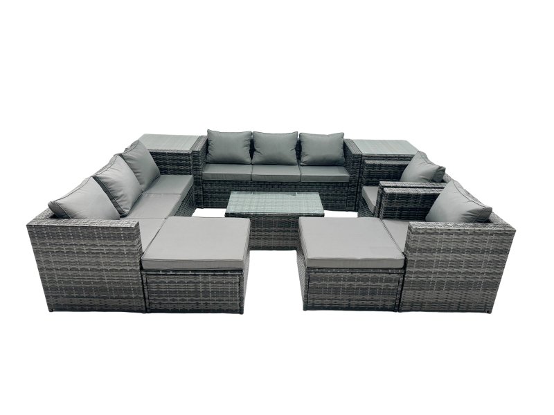 Fimous Rattan Garden Furniture Dining Set 10-seater Patio Coffee Table Sofa Set with 2 Big Stools 2 Side Tables Dark Grey Mixed