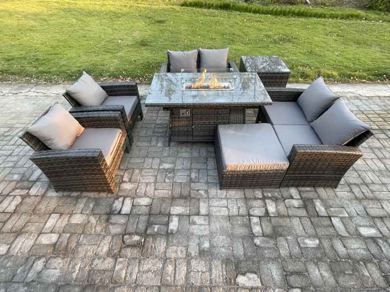 Fimous Wicker PE Rattan Garden Furniture Sets 7 Seater Patio Outdoor Gas Firepit Dining Table Heater Set with Double Seat Sofa Side Table Big Footstool Dark Grey Mixed