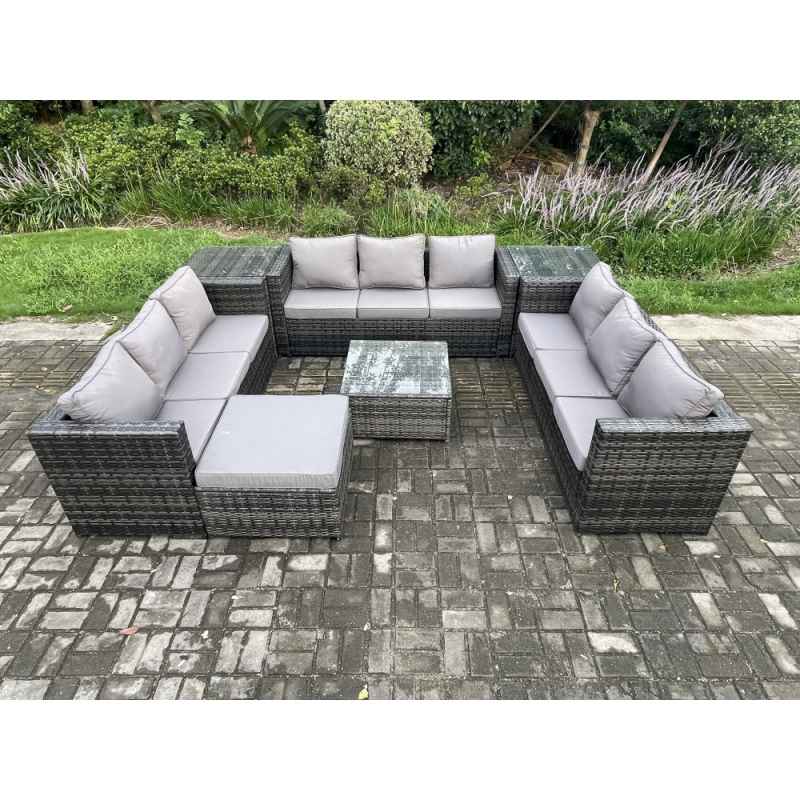 Fimous Outdoor Rattan Garden Furniture Set 10 Seater Patio Lounge Sofa Set with 2 Side Tables Square Coffee Table Big Footstool Dark Grey Mixed
