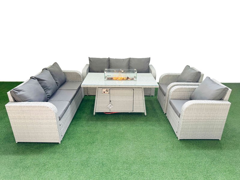 Fimous PE Rattan High Back Lounge Sofa Set Patio Firepit Dining Table & Chairs Set with 3 Seater Sofa Reclining Chair Light Grey