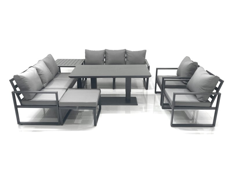 Fimous Garden Sofa Set Aluminium Furniture Rising Dining Tabe Set with 2 Chair Big Footstool Side Table Dark Grey