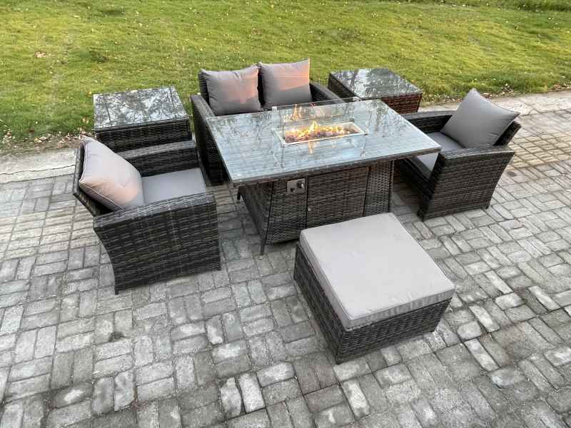 Fimous 5 Seater?Outdoor Rattan Sofa Set Garden Furniture Gas Firepit Dining Table Heater with 2 Side Tables Big Footstool Dark Grey Mixed