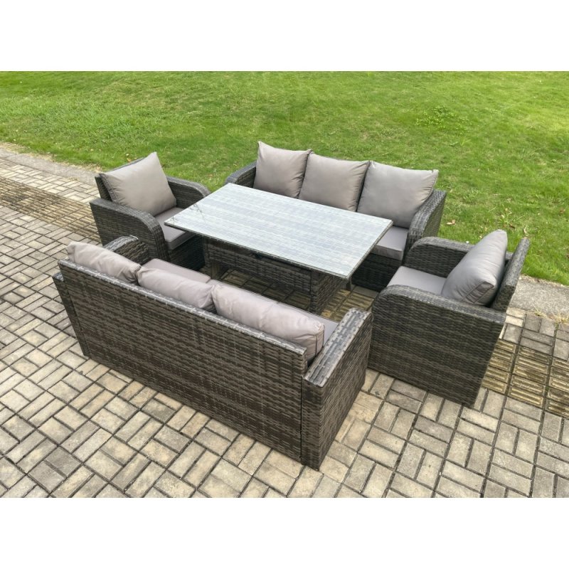 Fimous 8 Seater Lounge Rattan Sofa Set Outdoor Garden Furniture Oblong Rectangular Dining Table With Adjustable Chair 3 Seater Sofa Dark Grey Mixed