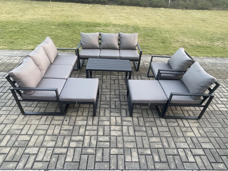 Fimous Aluminium Outdoor Garden Furniture Lounge Sofa 2 PC Chairs Oblong Coffee Table Sets with 2 Big Footstools Dark Grey