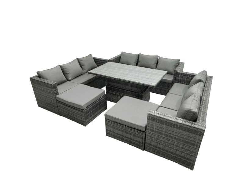 Fimous Rattan Dining Table Sofa Set with 2 Big Stool Outdoor 11 Seat Garden Furniture Set Dark Grey Mixed