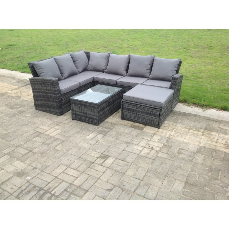 Fimous 7 Seater High Back Rattan Garden Furniture Set Corner Sofa With Oblong Coffee Table Footstool