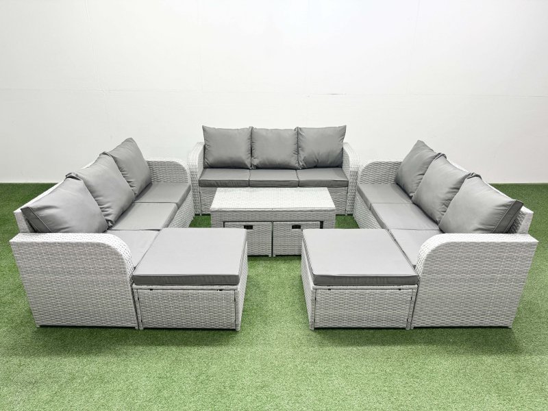 Fimous Outdoor Garden Furniture Set PE Rattan 3 Seater Sofa Set with Oblong Coffee Table 4 Footstools Light Grey