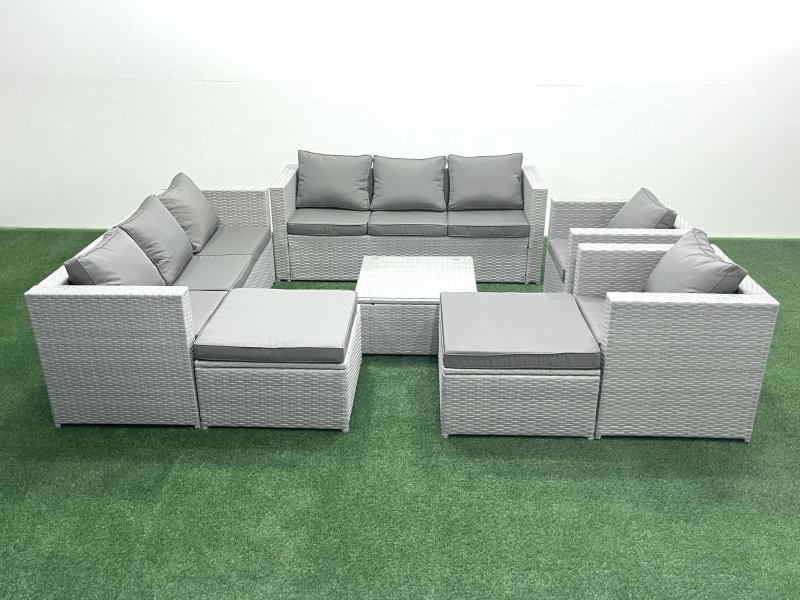 Fimous Outdoor Rattan Sofa Garden Furniture Set with 2 Armchairs Square Coffee Table 2 Big Footstools Light Grey Mixed