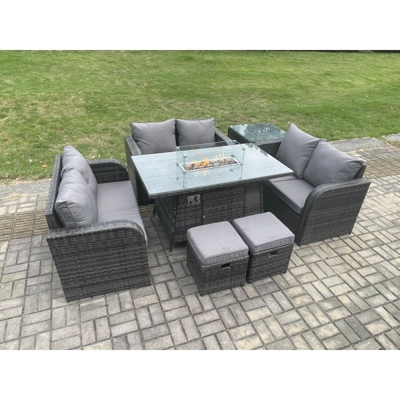 Fimous Rattan Outdoor Garden Furniture Sofa Set Gas Fire Pit Dining Table Gas Heater with Side Tables Love Sofa 2 Small Footstools Dark Grey Mixed