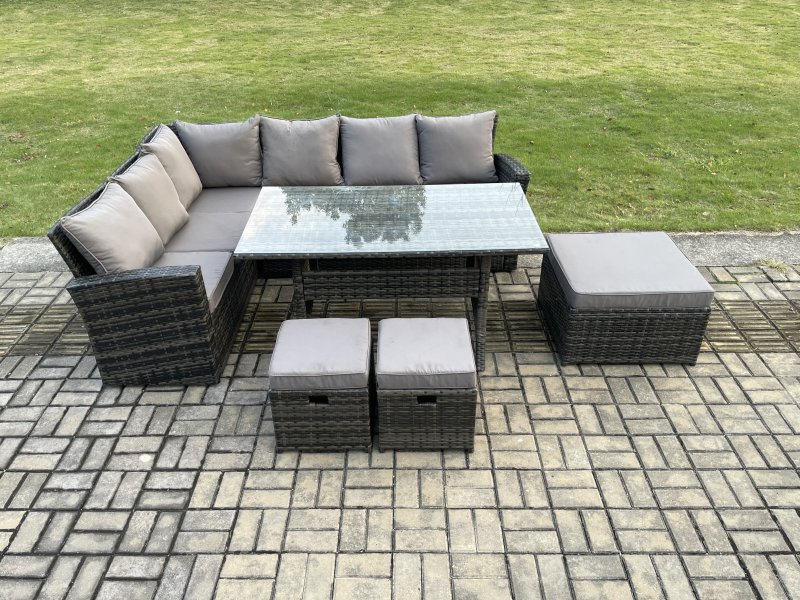 Fimous 9 Seater Garden Rattan Furniture Corner Dining Set with 3 Footstools Indoor Outdoor Lounge Sofa Set Dark Grey Mixed