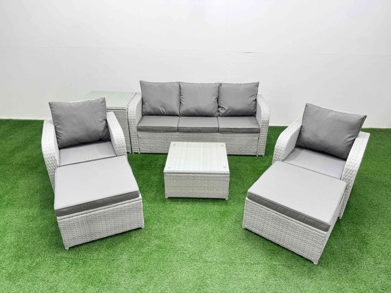 Fimous PE Rattan Garden Furniture Set Reclining Chair Sofa Lounge Sofa Set Square Coffee Table Side Table 2 Big Footstool Light Grey