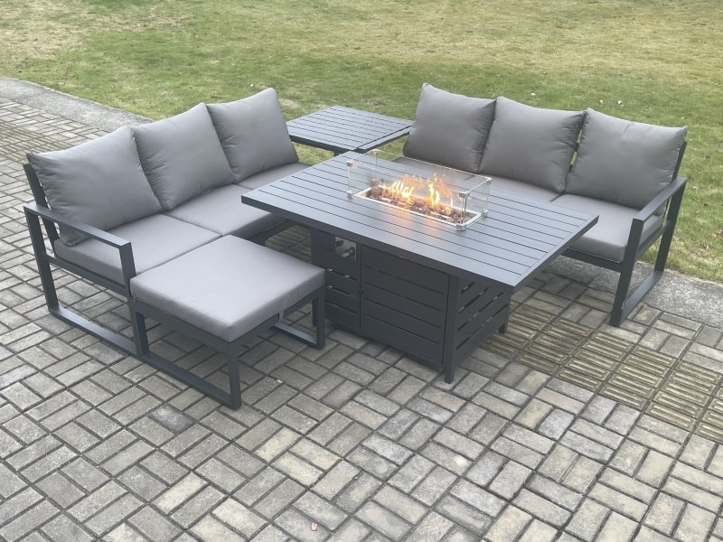 Fimous Aluminium 7 Seater Outdoor Garden Furniture Lounge Sofa Set Gas Fire Pit Dining Table with Big Footstool Side Table Dark Grey