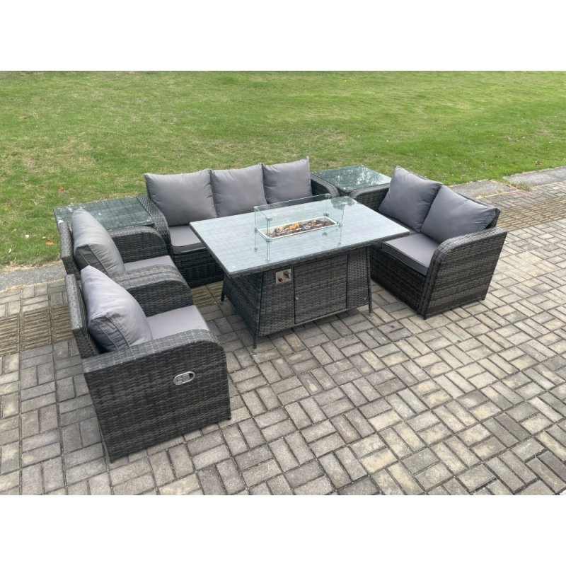 Fimous 7 Seater PE Wicker Outdoor Rattan Garden Furniture Set Propane Gas Fire Pit Table and Sofa Chair set with 2 Side Tables