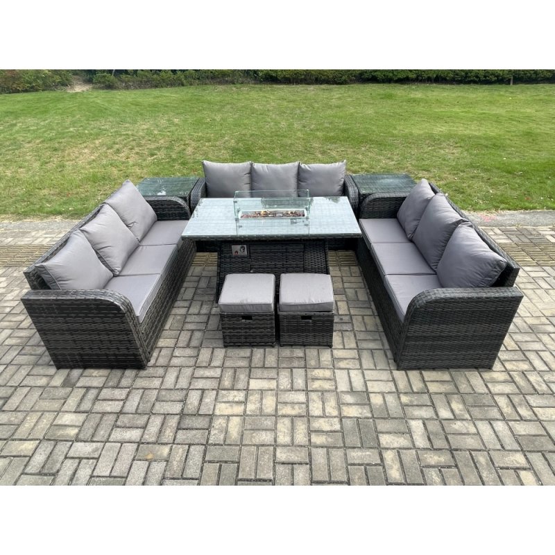 Fimous Outdoor Rattan Furniture Garden Dining Set Gas Fire Pit Table With 2 Side Tables Lounge Sofa 2 Small Footstool
