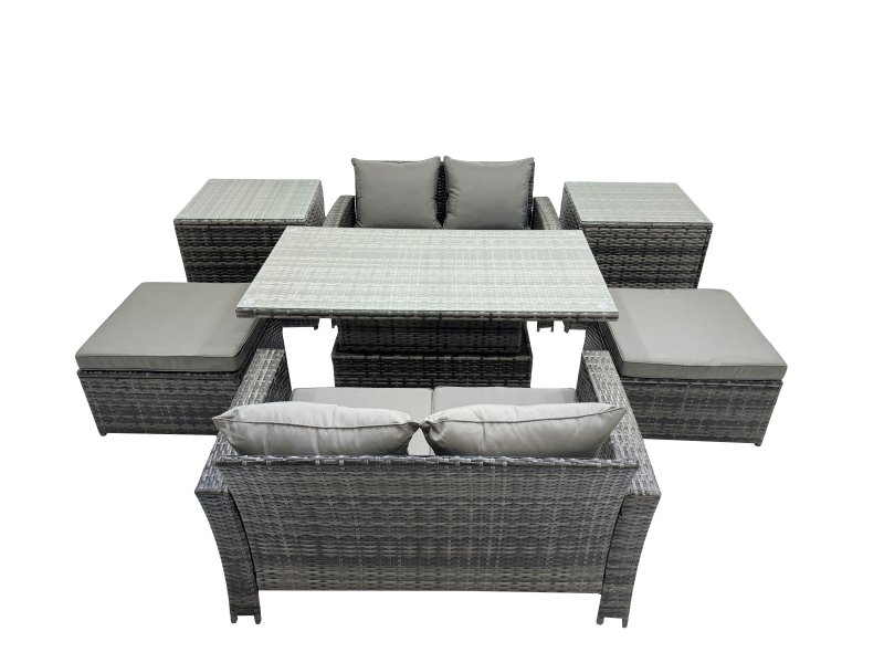 Fimous Outdoor Love Sofa Set 6 Seat Rattan Garden Furniture Set with Adjustable Lifting Dining or Coffee Table Big Stool Dark Grey Mixed