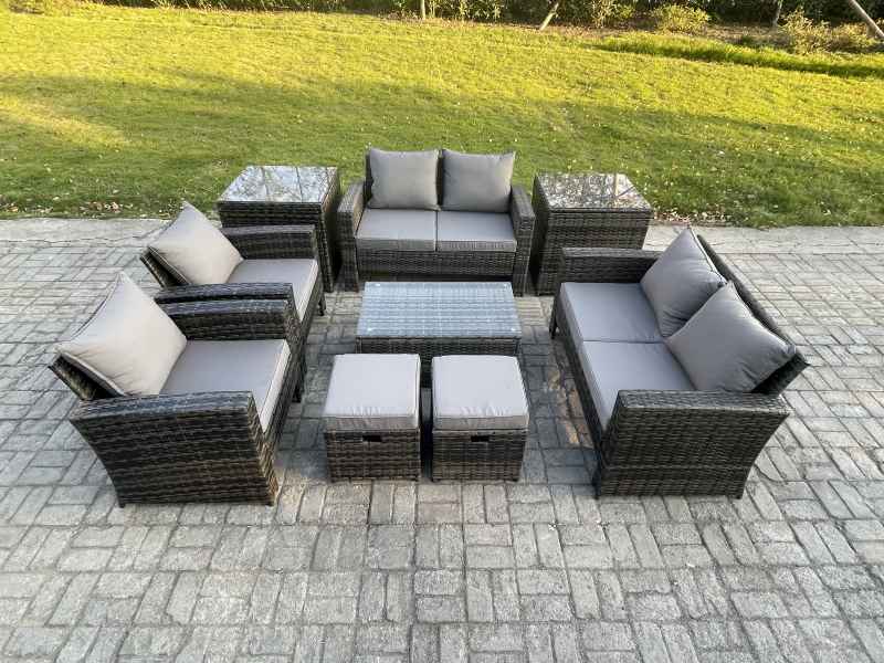 Fimous Garden Furniture Sets 9 Pieces Outdoor Rattan Furniture Manual Wicker Patio Sofa Chair Set with Coffee Table 2 Small Footstools 2 Side Tables Dark Grey Mixed