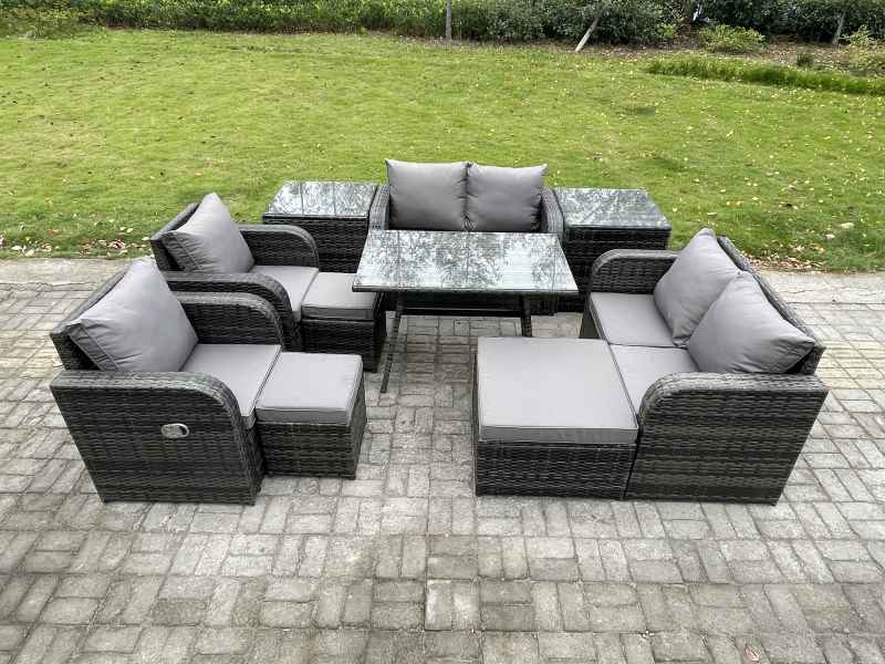 Fimous 9 Seater Wicker PE Rattan Garden Dining Set Outdoor Furniture Sofa with Rectangular Dining Table 2 Side Tables 3 Footstools Dark Grey Mixed