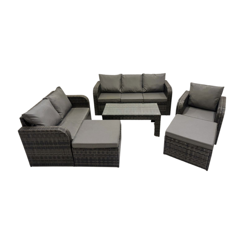 Fimous Rattan Garden Outdoor Furniture Set 3 Seater Sofa Love Sofa Coffee Table with 2 Big Footstools Dark Grey Mixed