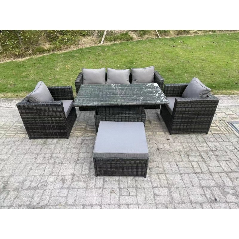 Fimous Rattan Garden Furniture Sofa Set Outdoor Adjustable Rising Lifting Dining Table Set with 2 Armchairs Big Footstool Dark Grey Mixed