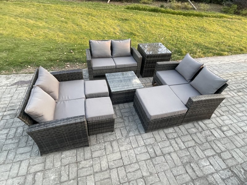 Fimous Outdoor Lounge Sofa Set Wicker PE Rattan Garden Furniture Set with Square Coffee Table Double Seat Sofa 3 Footstools Side Table Dark Grey Mixed