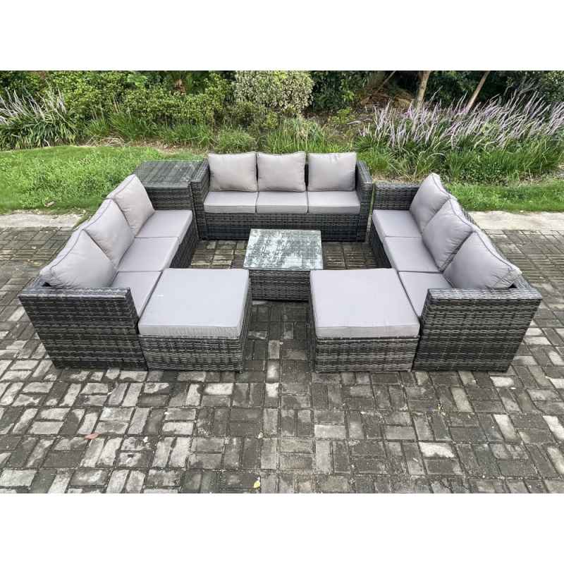 Fimous Outdoor Rattan Garden Furniture Set 11 Seater Patio Lounge Sofa Set with Side Table Square Coffee Table 2 Big Footstool Dark Grey Mixed