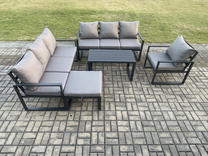 Fimous Aluminium 8 Seater Garden Furniture Outdoor Patio Sofa Set with Rectangular Coffee Table Armchair Big Footstool Dark Grey