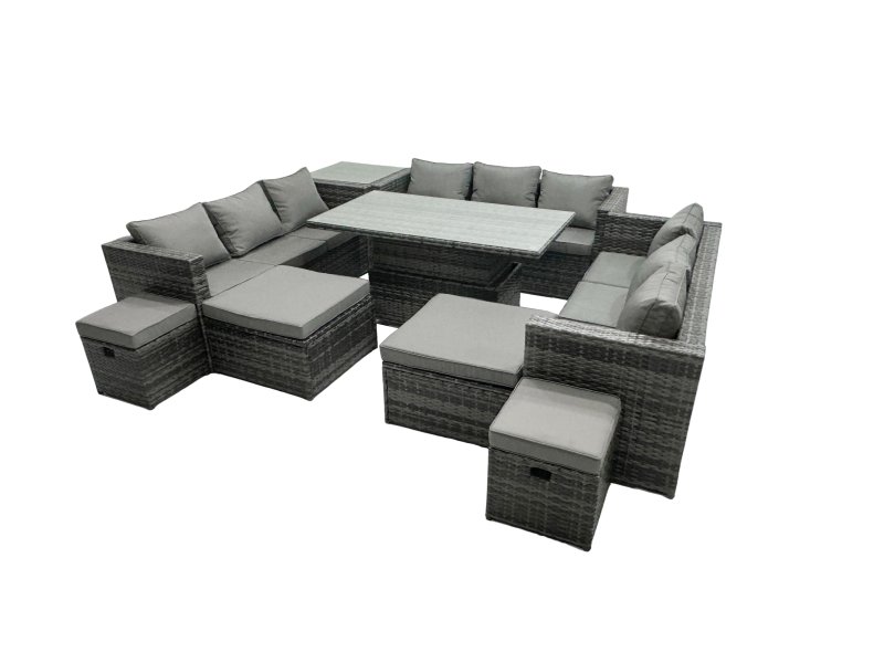 Fimous Rattan Dining Table Sofa Set with Side Table 4 Stools Outdoor 13 Seat Garden Furniture Set Dark Grey Mixed