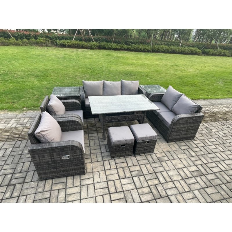 Fimous 9 Seater Garden Rattan Furniture Dining Table Sofa Set Indoor Outdoor with 2 Reclining Chairs 2 Side Tables 2 Small Footstools Dark Grey Mixed