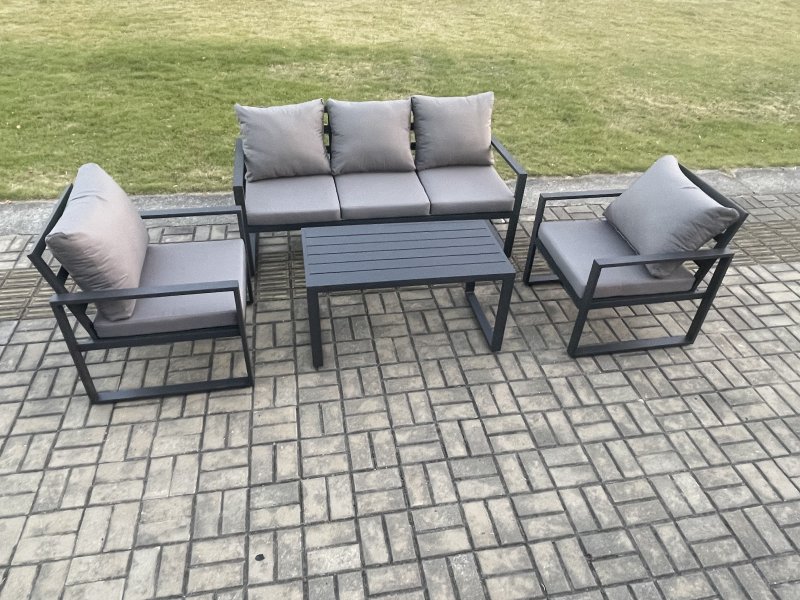 Fimous Aluminium Outdoor Garden Furniture Set Patio Lounge Sofa with Oblong Coffee Table 2 Armchairs Set Dark Grey